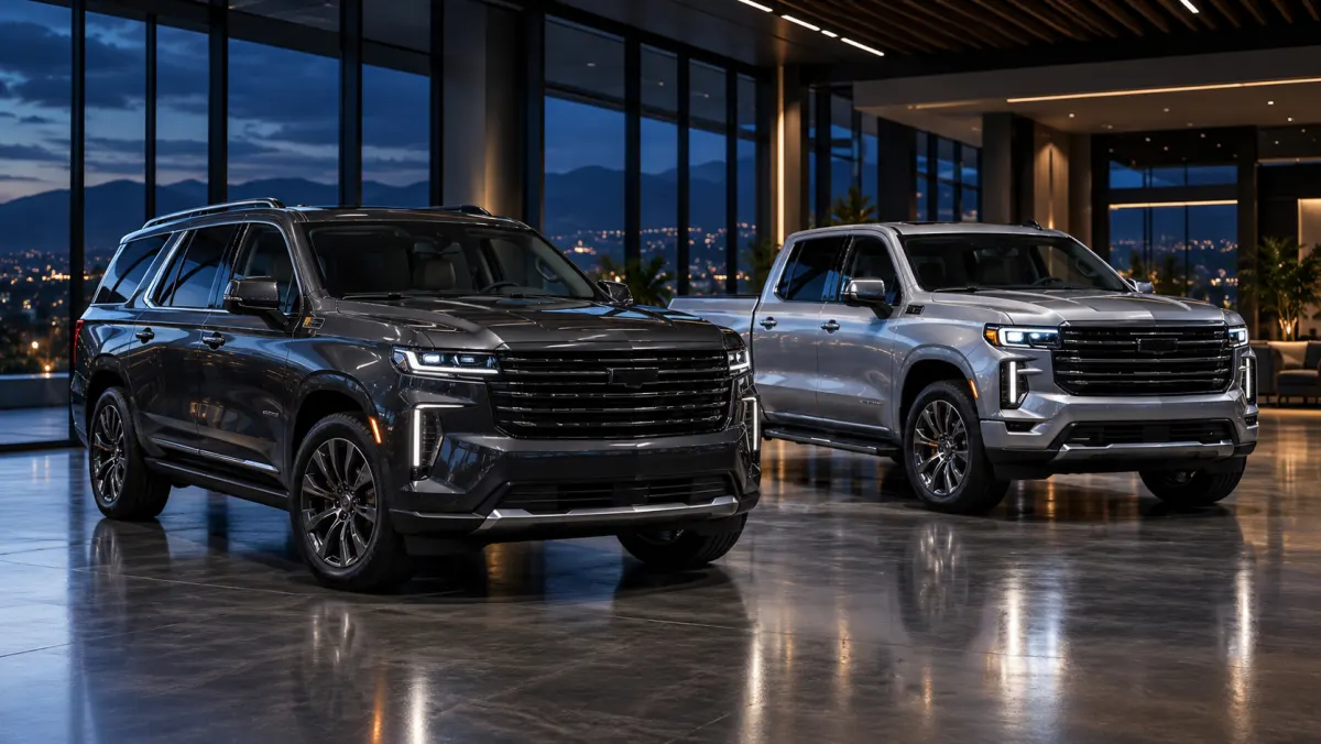 A dark SUV and a silver pickup in a dealership showroom at dusk, representing automotive F&I products