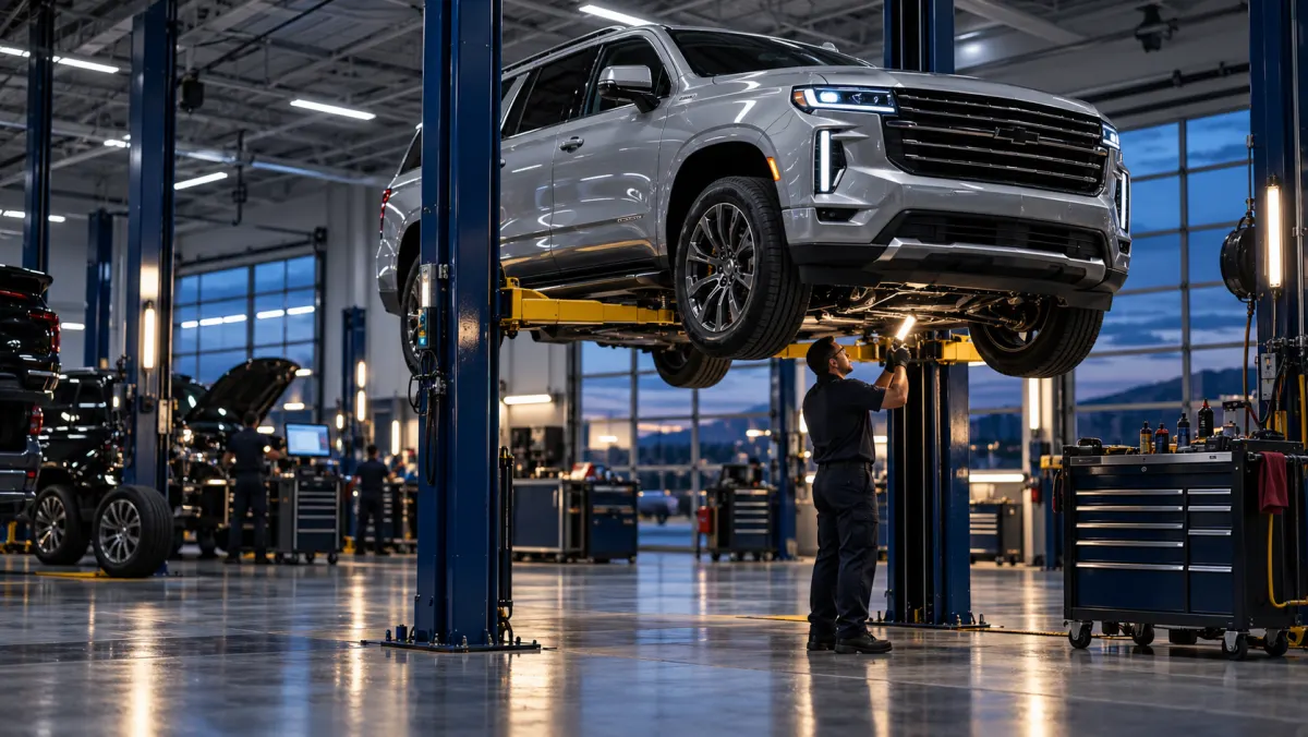 A technician inspecting an SUV on a lift in a dealership service bay, representing fixed-ops and service drive programs