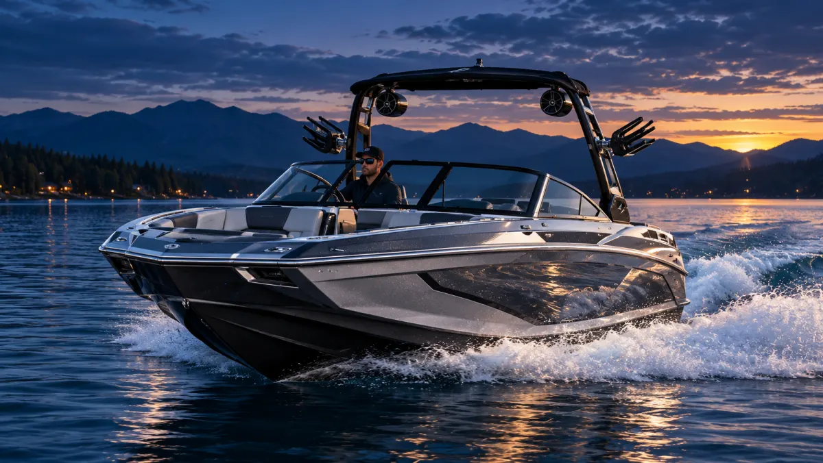 A wake boat running across a lake at sunset, representing marine F&I products