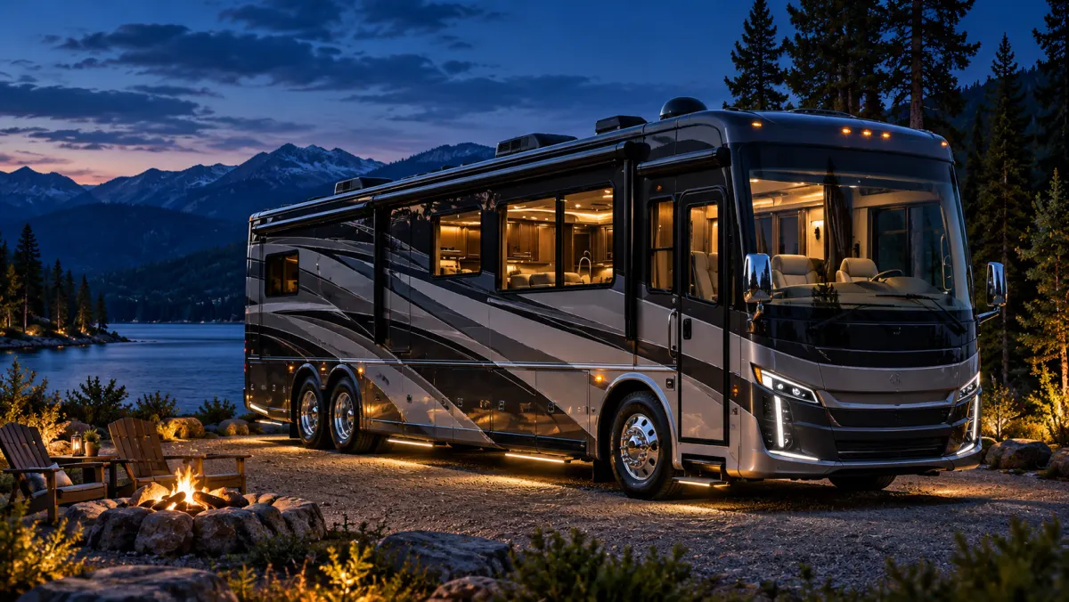 A Class A motorhome parked by a lake at dusk, representing RV F&I products
